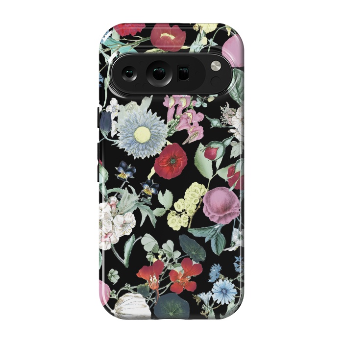 Pixel 9 pro StrongFit Vintage flower garden - rich colors on black by Oana 