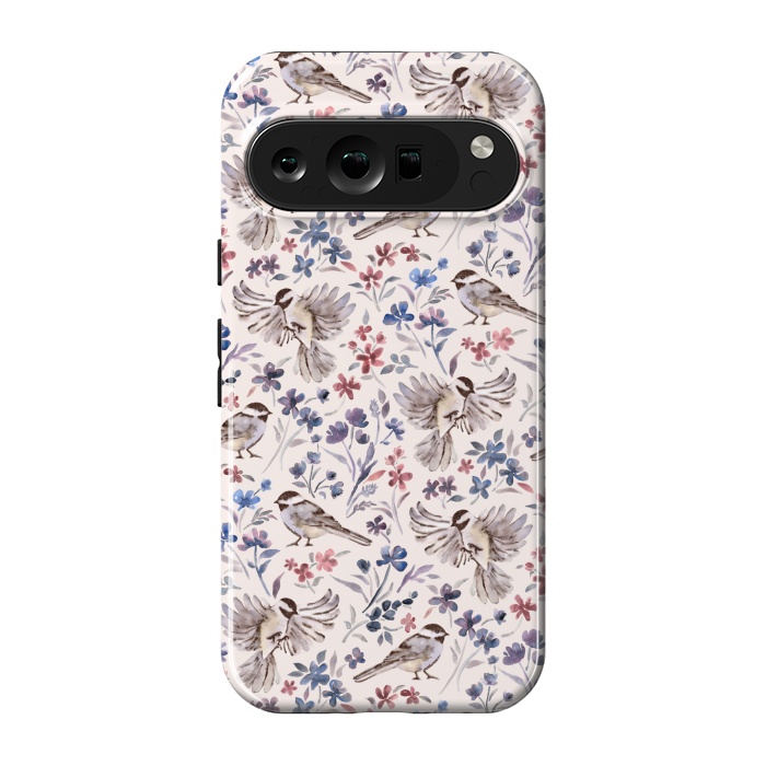 Pixel 9 pro StrongFit Chickadees and Wildflowers on Cream by Micklyn Le Feuvre