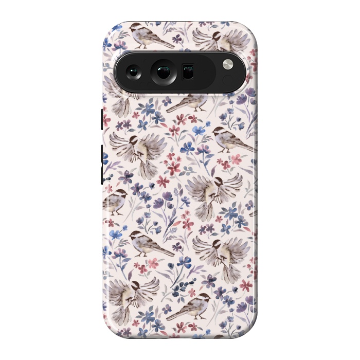 Pixel 9 Pro XL StrongFit Chickadees and Wildflowers on Cream by Micklyn Le Feuvre