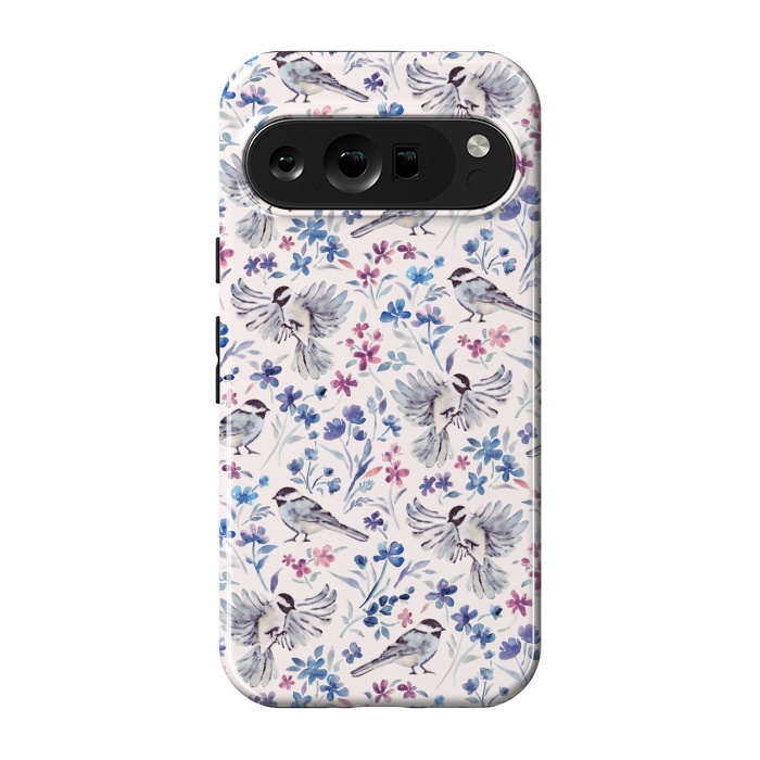 Pixel 9 pro StrongFit Chickadees and Wildflowers in lavender blues on cream by Micklyn Le Feuvre