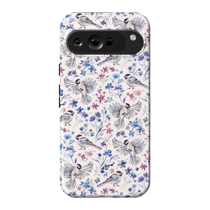 Pixel 9 Pro XL StrongFit Chickadees and Wildflowers in lavender blues on cream by Micklyn Le Feuvre