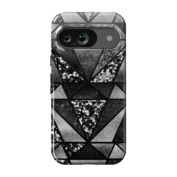 Pixel 9 StrongFit Black and silver glitter sparkle triangles by Oana 