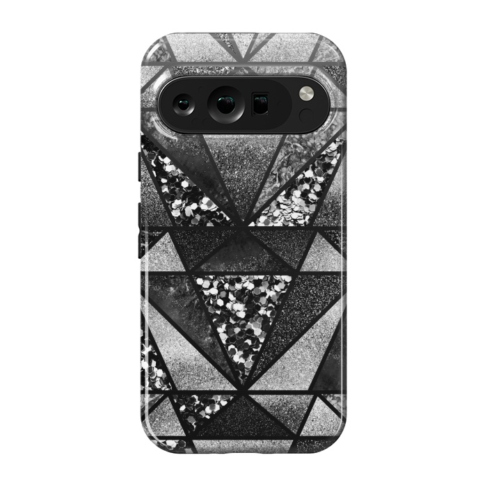 Pixel 9 pro StrongFit Black and silver glitter sparkle triangles by Oana 