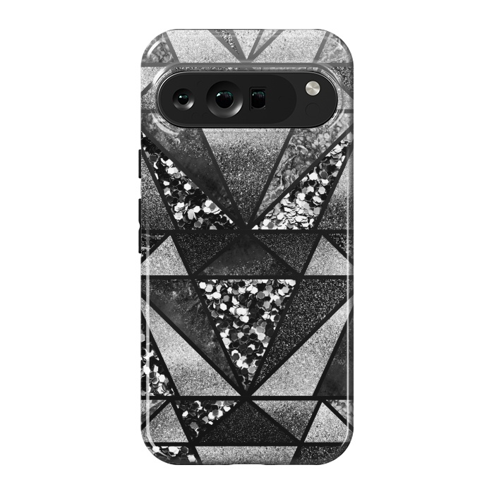 Pixel 9 Pro XL StrongFit Black and silver glitter sparkle triangles by Oana 