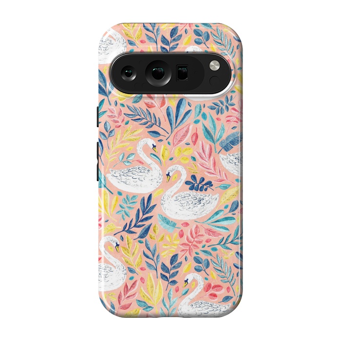 Pixel 9 pro StrongFit Whimsical White Swans and Colorful Leaves on Pale Peach Pink by Micklyn Le Feuvre