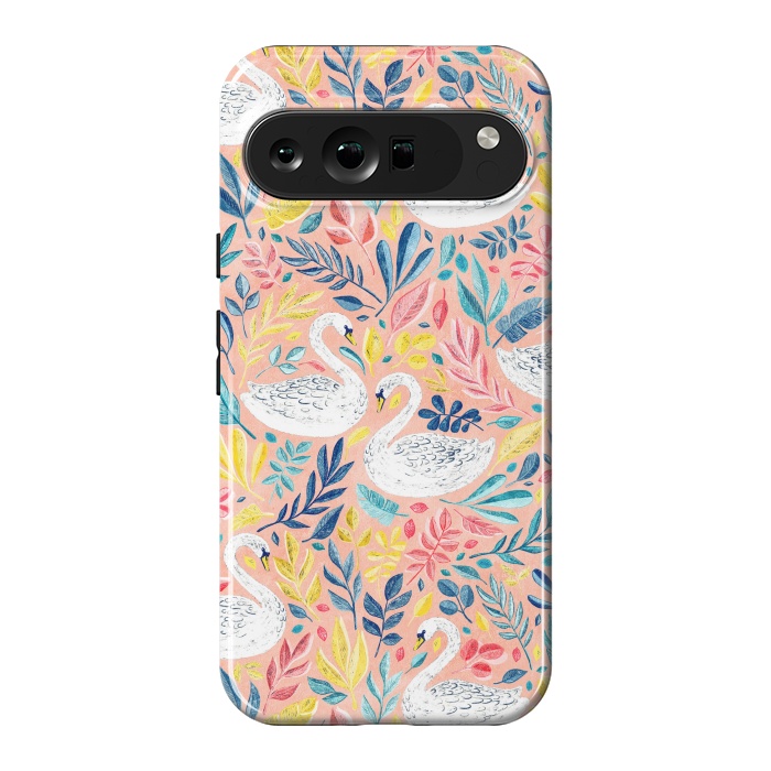 Pixel 9 Pro XL StrongFit Whimsical White Swans and Colorful Leaves on Pale Peach Pink by Micklyn Le Feuvre