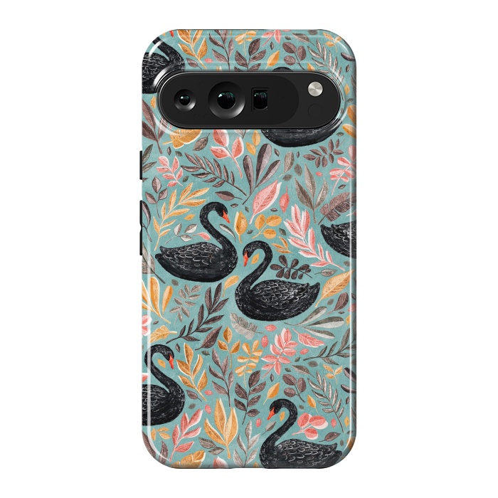 Pixel 9 Pro XL StrongFit Bonny Black Swans with Autumn Leaves on Sage by Micklyn Le Feuvre