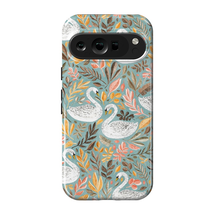 Pixel 9 pro StrongFit Whimsical White Swans with Autumn Leaves on Sage by Micklyn Le Feuvre