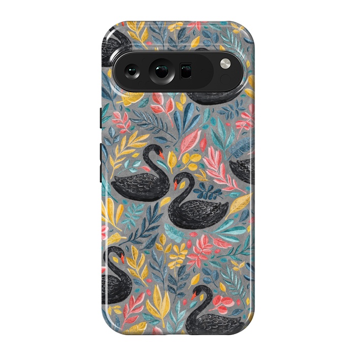 Pixel 9 Pro XL StrongFit Bonny Black Swans with Lots of Leaves on Grey by Micklyn Le Feuvre