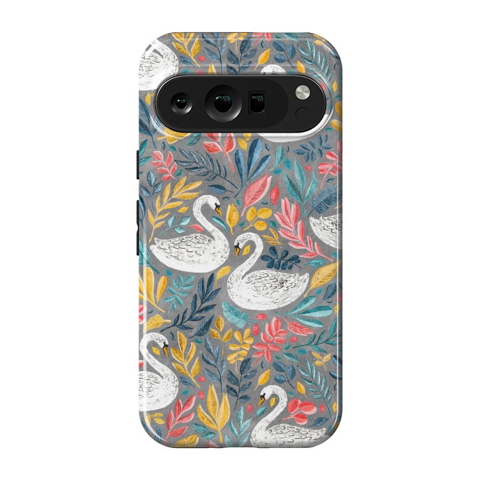 Pixel 9 pro StrongFit Whimsical White Swans with Lots of Leaves on Grey by Micklyn Le Feuvre