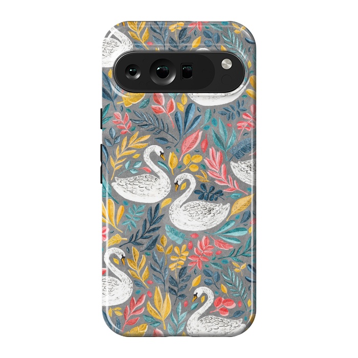 Pixel 9 Pro XL StrongFit Whimsical White Swans with Lots of Leaves on Grey by Micklyn Le Feuvre