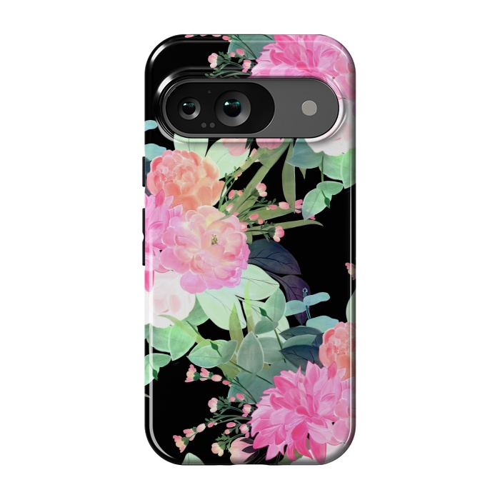 Pixel 9 StrongFit Trendy Pink & Black Flowers Watercolor Design by InovArts