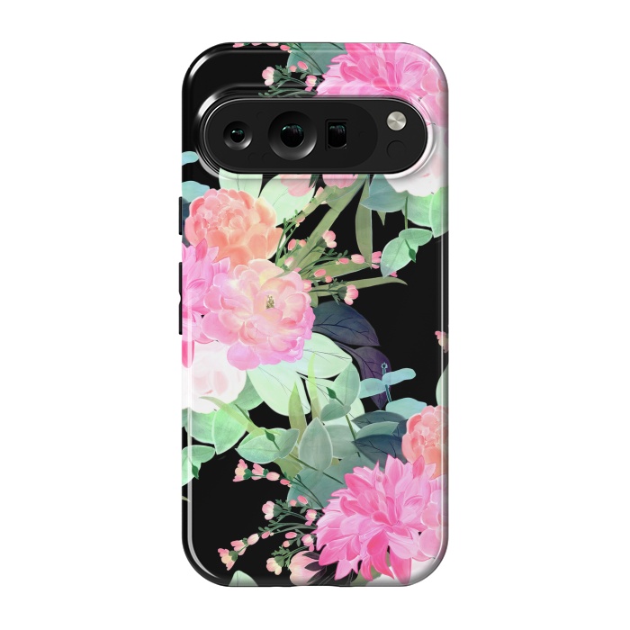 Pixel 9 pro StrongFit Trendy Pink & Black Flowers Watercolor Design by InovArts