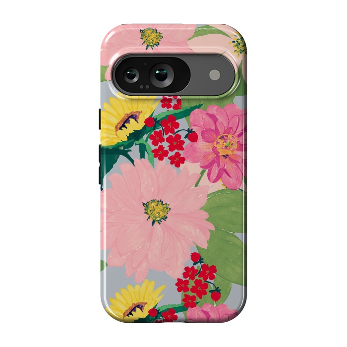 Pixel 9 StrongFit Elegant Watercolor Sunflowers Blush Floral Gray Design by InovArts