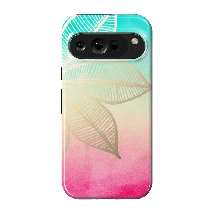 Pixel 9 pro StrongFit Gold Flower on Turquoise and Pink Watercolor by Tangerine-Tane