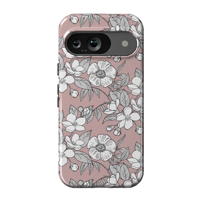 Pixel 9 StrongFit White Cherry flowers line art drawing on pink by Oana 