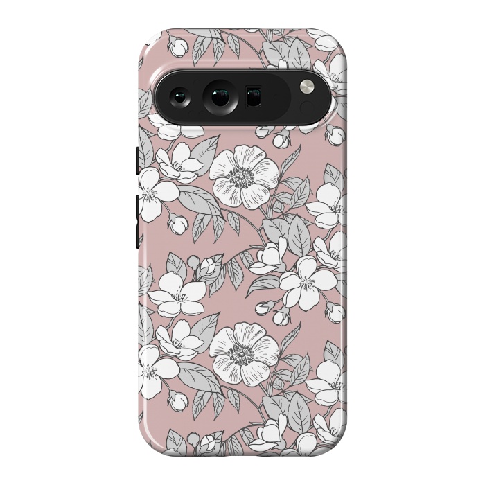 Pixel 9 Pro XL StrongFit White Cherry flowers line art drawing on pink by Oana 