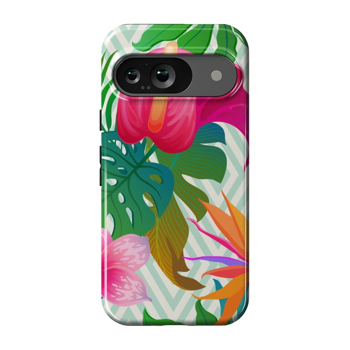 Pixel 9 StrongFit Exotic Flowers and Leaves in Geometric Decoration by ArtsCase