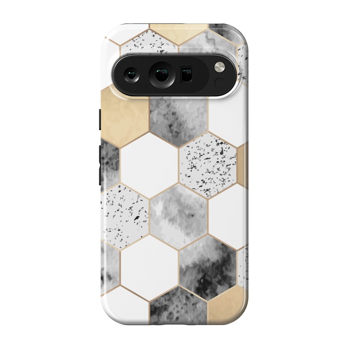 Pixel 9 pro StrongFit Grey Marble and Watercolour Polygons by ArtsCase