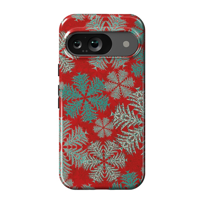 Pixel 9 StrongFit Xmas Snowflakes Red Aqua by Lotti Brown