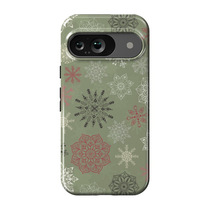 Pixel 9 StrongFit Christmas Snowflakes on Dark Green by Paula Ohreen