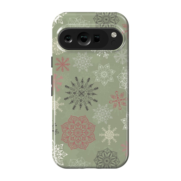 Pixel 9 pro StrongFit Christmas Snowflakes on Dark Green by Paula Ohreen