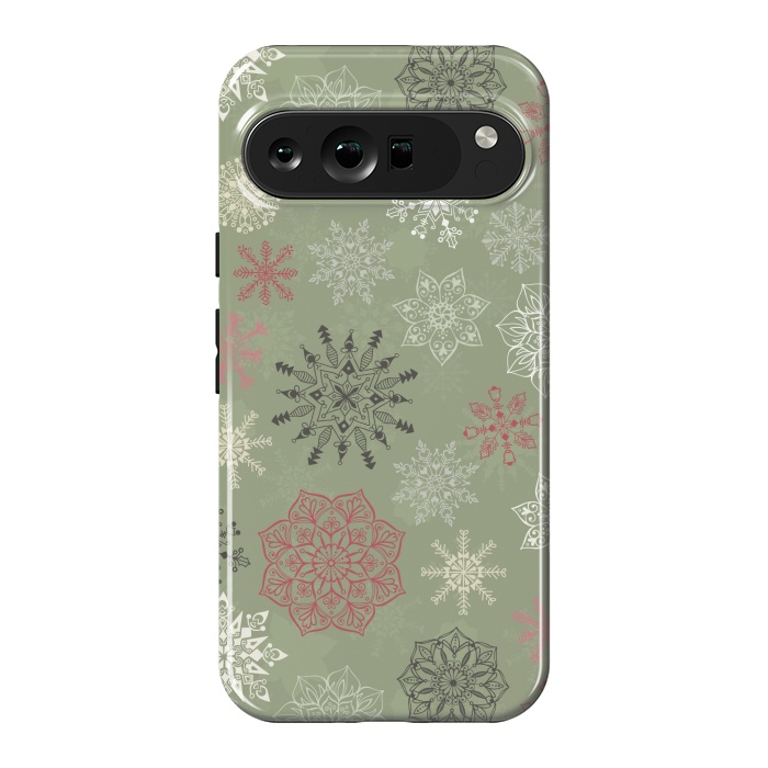 Pixel 9 Pro XL StrongFit Christmas Snowflakes on Dark Green by Paula Ohreen