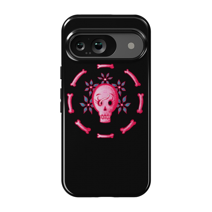 Pixel 9 StrongFit Funny Skull In Pink With Flowers And Bones by Boriana Giormova