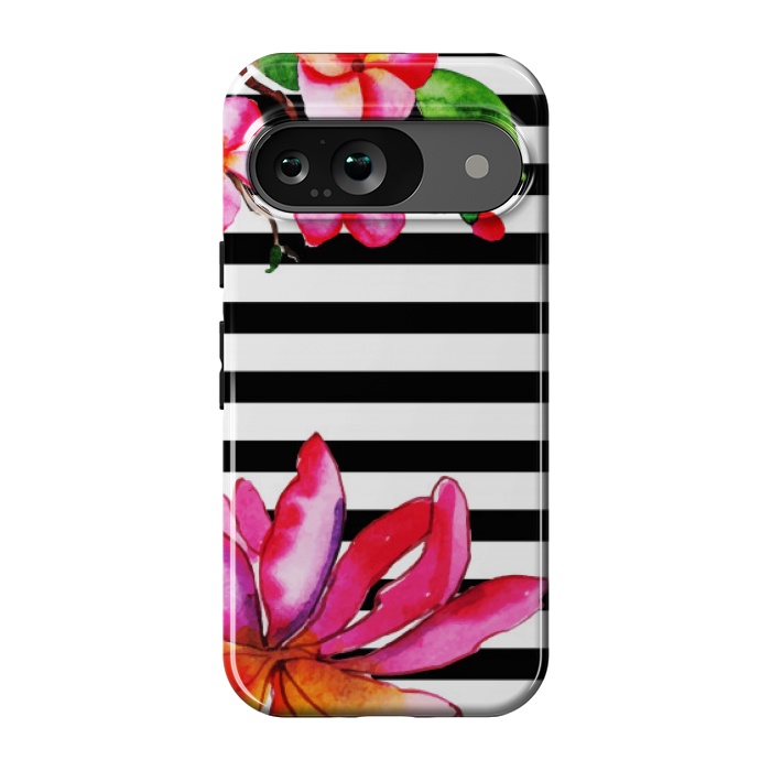 Pixel 9 StrongFit black white stripes floral pink pattern by MALLIKA