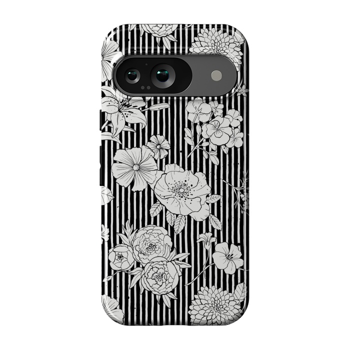 Pixel 9 StrongFit Flowers and Stripes Black and White by Ninola Design