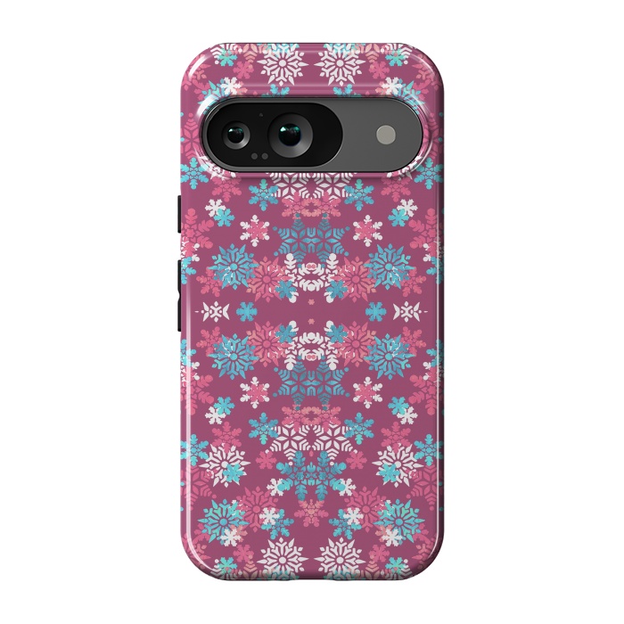 Pixel 9 StrongFit Playful pink blue snowflakes winter pattern by Oana 