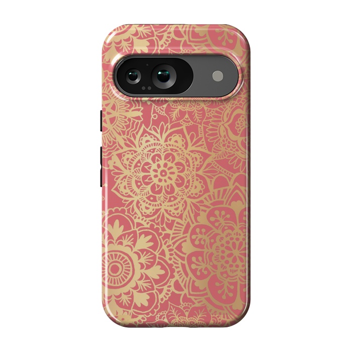 Pixel 9 StrongFit Coral Pink and Gold Mandala Pattern by Julie Erin Designs