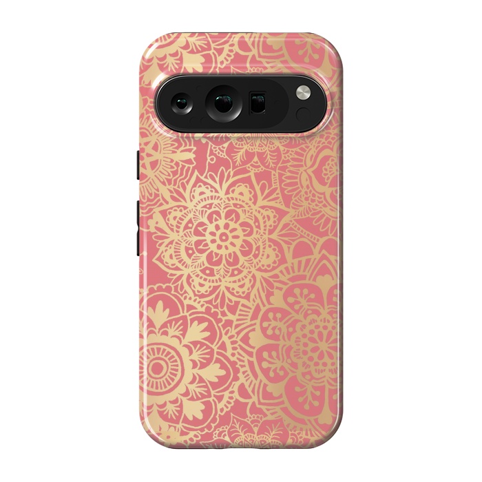 Pixel 9 pro StrongFit Coral Pink and Gold Mandala Pattern by Julie Erin Designs