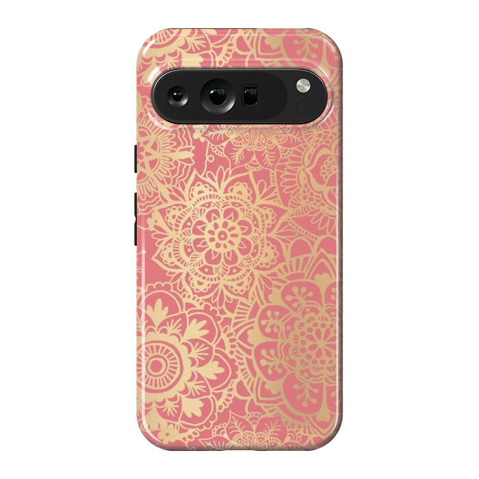 Pixel 9 Pro XL StrongFit Coral Pink and Gold Mandala Pattern by Julie Erin Designs