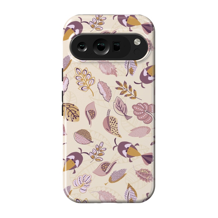 Pixel 9 pro StrongFit Cute parrots in a fun tossed pattern with funky leaves in purple and mustard by Paula Ohreen