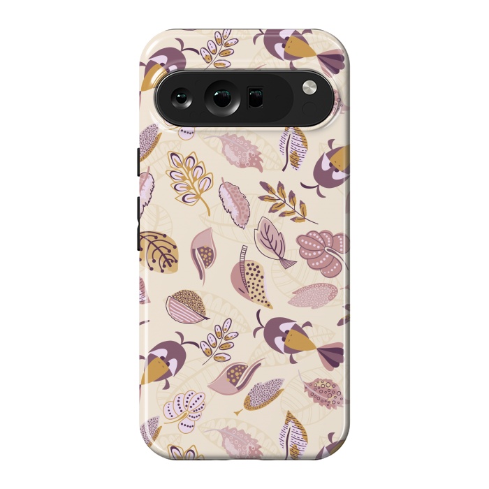 Pixel 9 Pro XL StrongFit Cute parrots in a fun tossed pattern with funky leaves in purple and mustard by Paula Ohreen