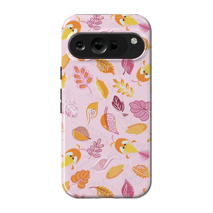 Pixel 9 pro StrongFit Cute parrots in a fun tossed pattern with funky leaves in pink and orange by Paula Ohreen