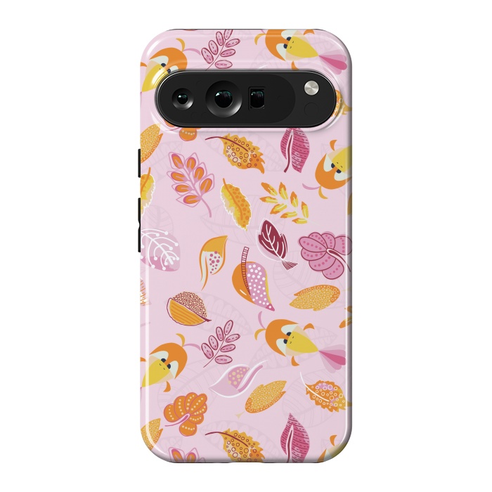 Pixel 9 Pro XL StrongFit Cute parrots in a fun tossed pattern with funky leaves in pink and orange by Paula Ohreen