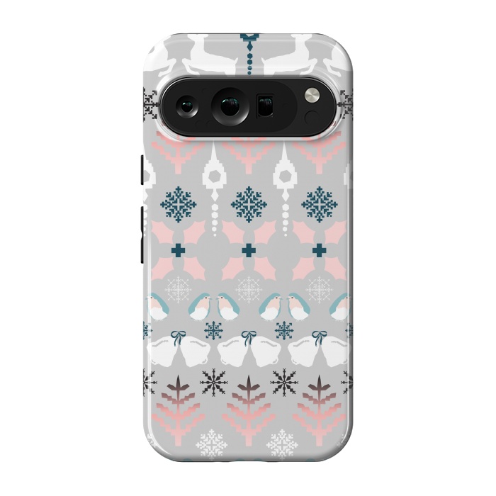 Pixel 9 pro StrongFit Christmas Fair Isle in Grey, Pink and Blue by Paula Ohreen