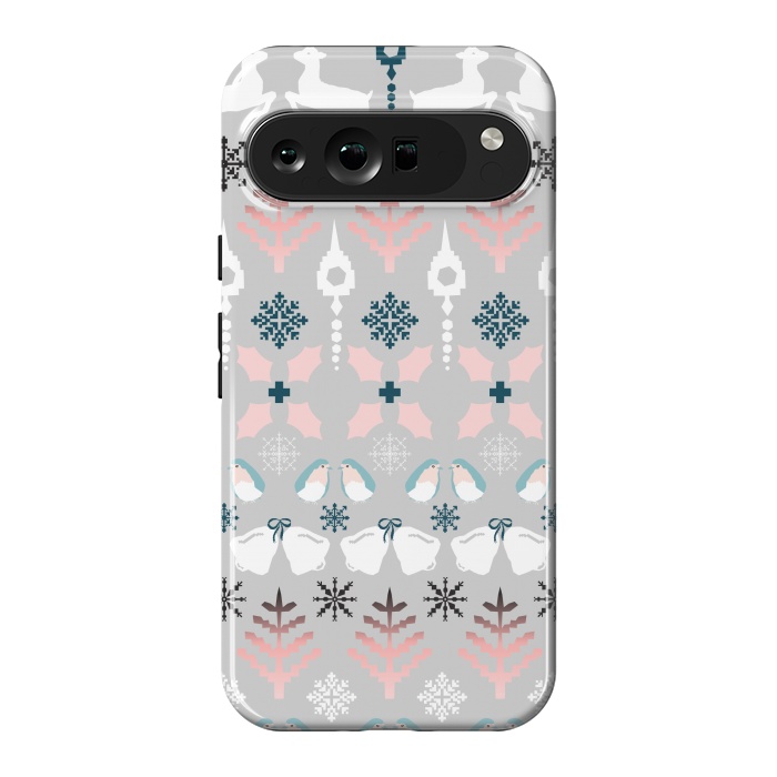 Pixel 9 Pro XL StrongFit Christmas Fair Isle in Grey, Pink and Blue by Paula Ohreen