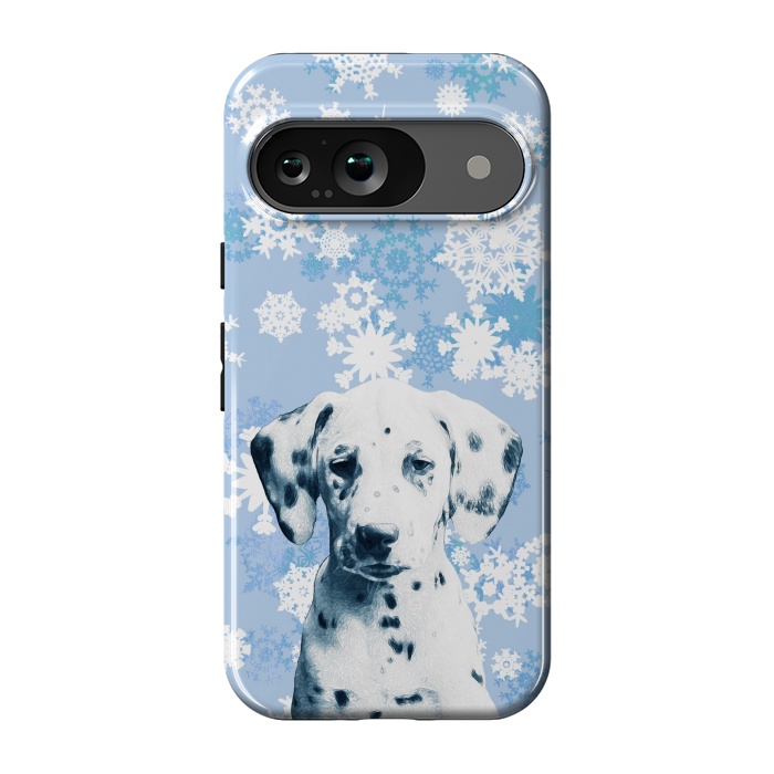 Pixel 9 StrongFit Cute dalmatian and blue white snowflakes by Oana 