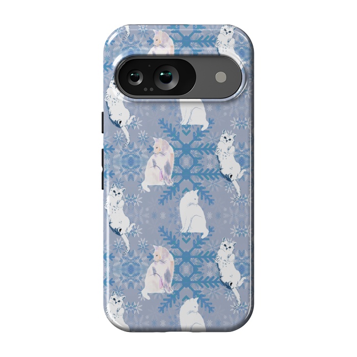 Pixel 9 StrongFit Cute white cats and blue Christmas snowflakes by Oana 