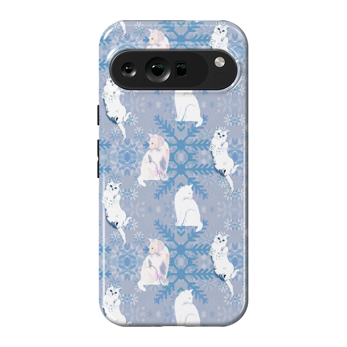 Pixel 9 Pro XL StrongFit Cute white cats and blue Christmas snowflakes by Oana 