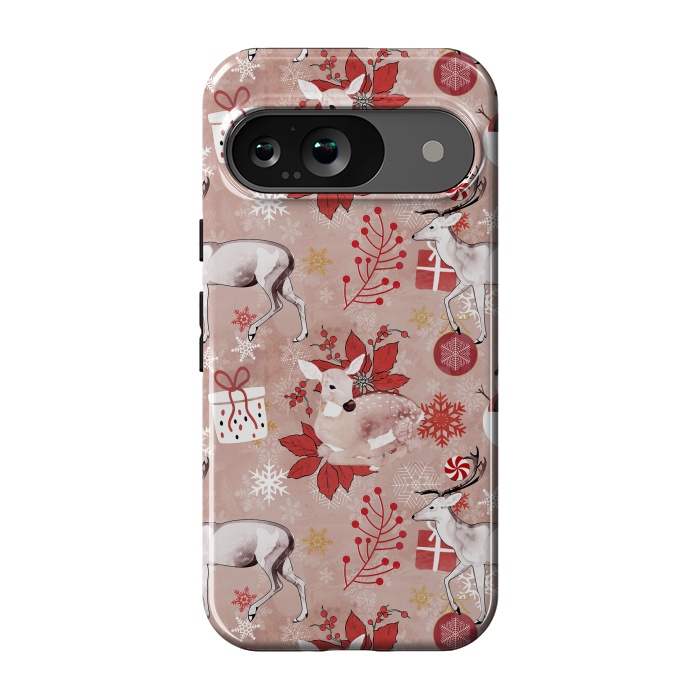 Pixel 9 StrongFit Deers and Christmas ornaments red pink by Oana 