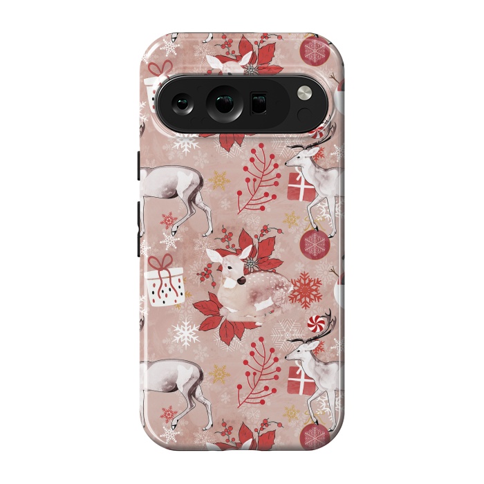 Pixel 9 pro StrongFit Deers and Christmas ornaments red pink by Oana 