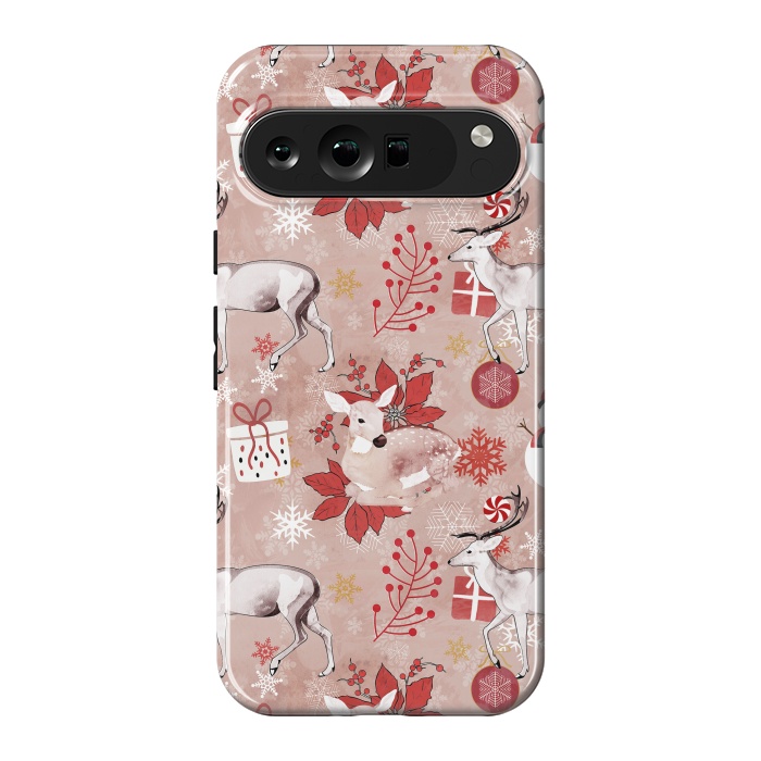 Pixel 9 Pro XL StrongFit Deers and Christmas ornaments red pink by Oana 