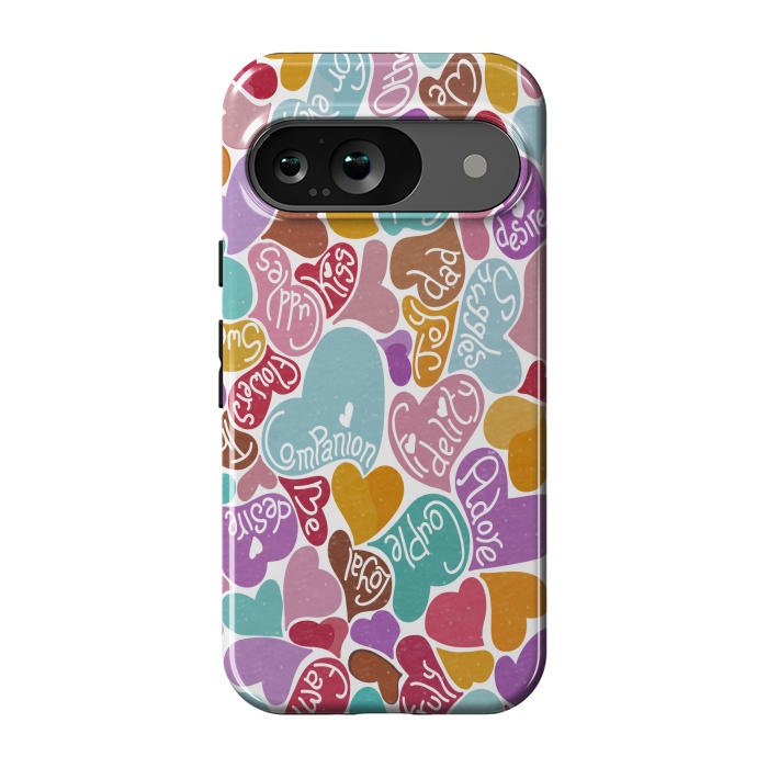 Pixel 9 StrongFit Multicolored Love hearts with loving words by Paula Ohreen