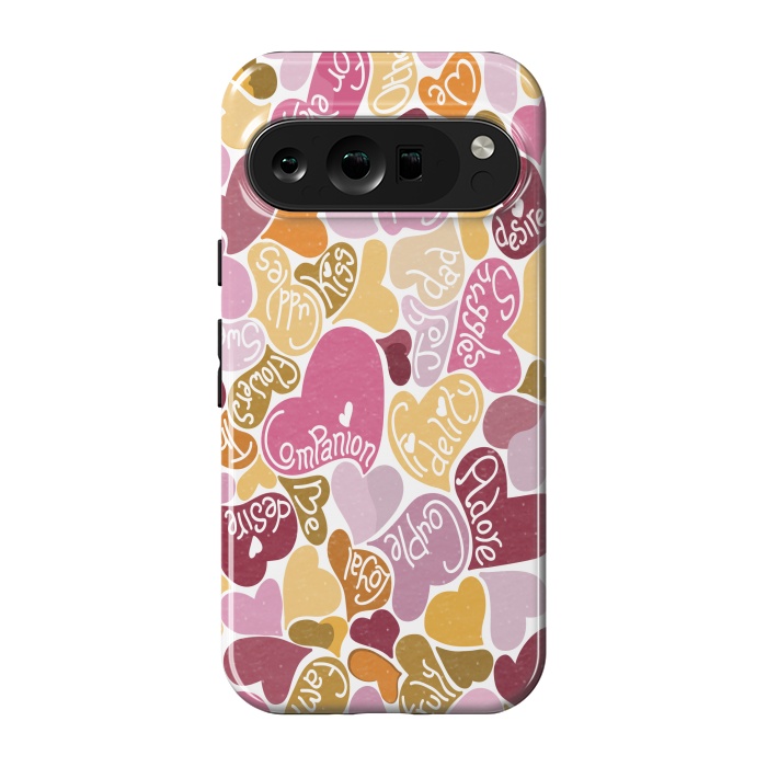 Pixel 9 pro StrongFit Love hearts with loving words in pink and orange by Paula Ohreen