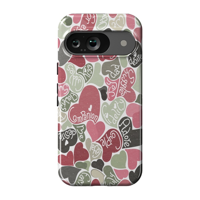 Pixel 9 StrongFit Love hearts with loving words in pink and green by Paula Ohreen