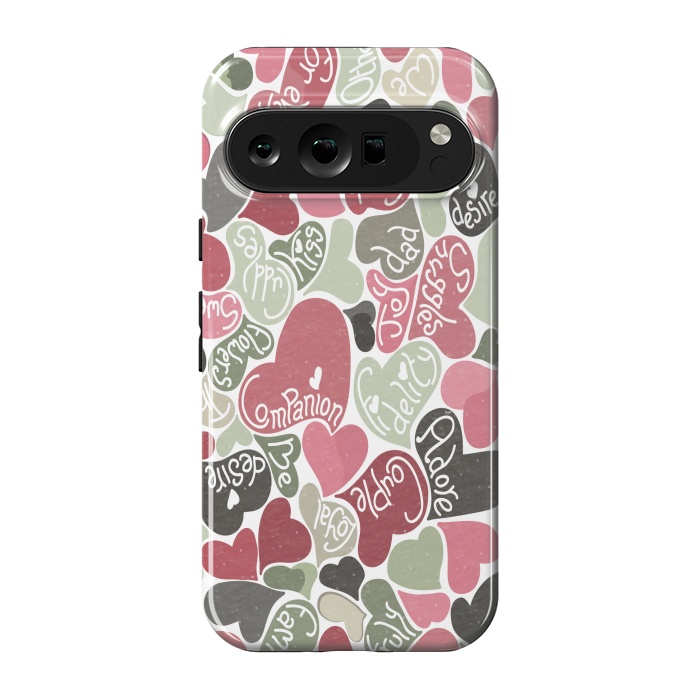 Pixel 9 pro StrongFit Love hearts with loving words in pink and green by Paula Ohreen